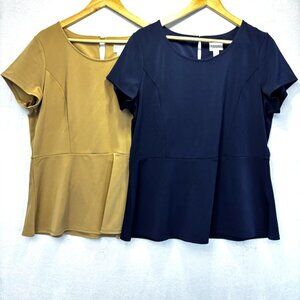 Lot of 2 Susan Graver Tops Shirts Womens Large L Tan Navy Scoop Stretch Capsule